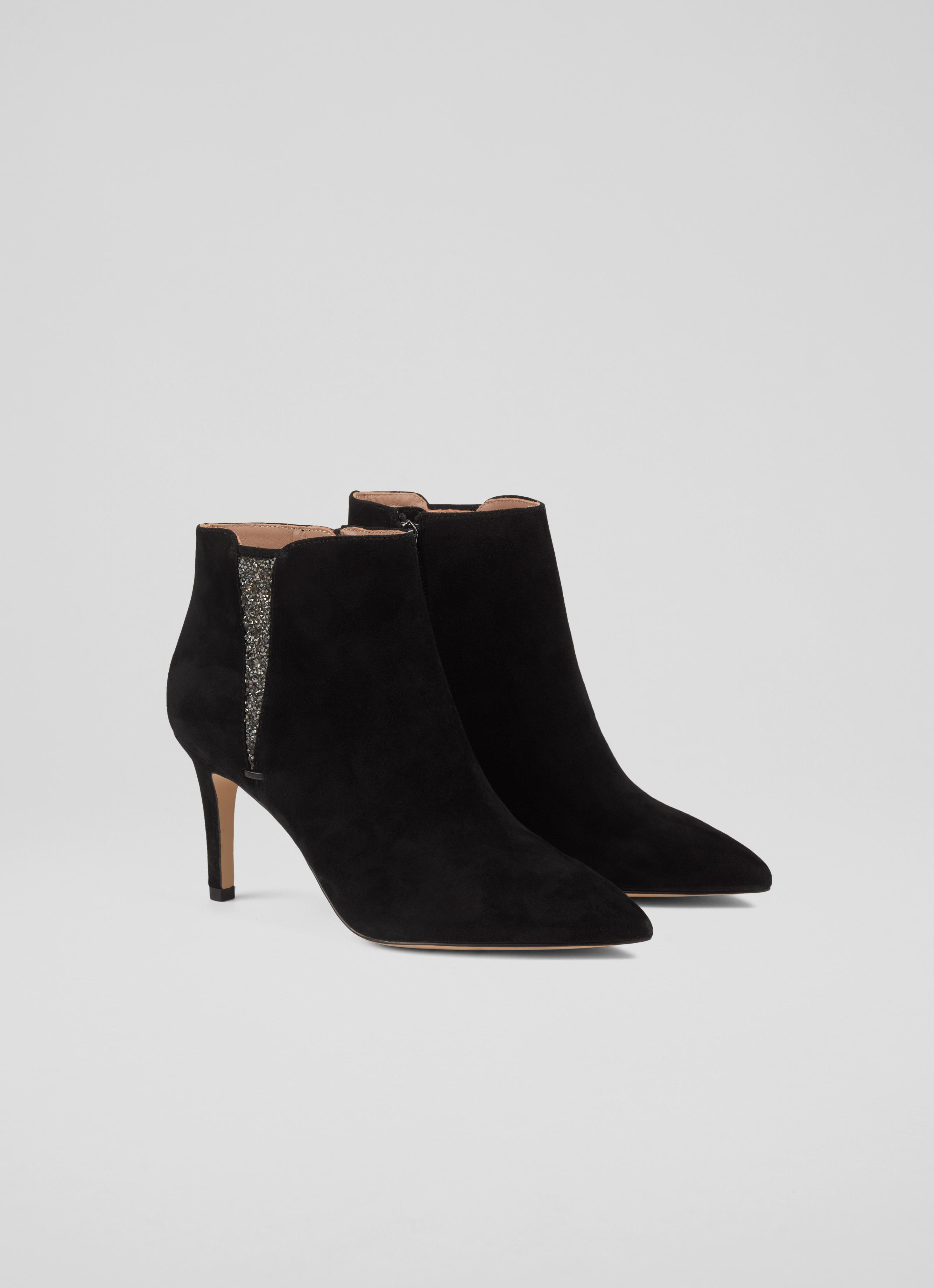 Queenie Black Suede Crystal Detail Ankle Boots